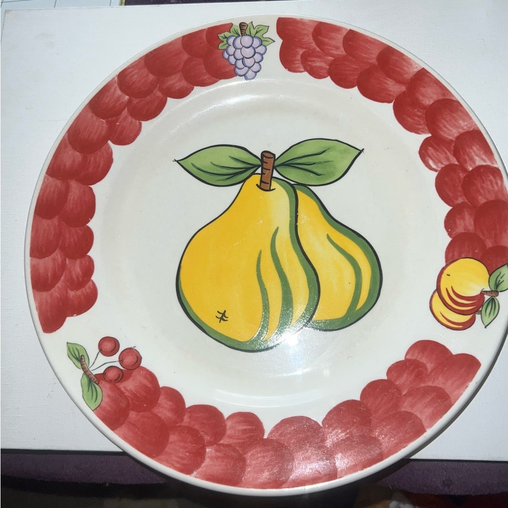 Italian Fruit Tabletop Charger Plate Pears Grapes Cherries Red Border 13‎ inch